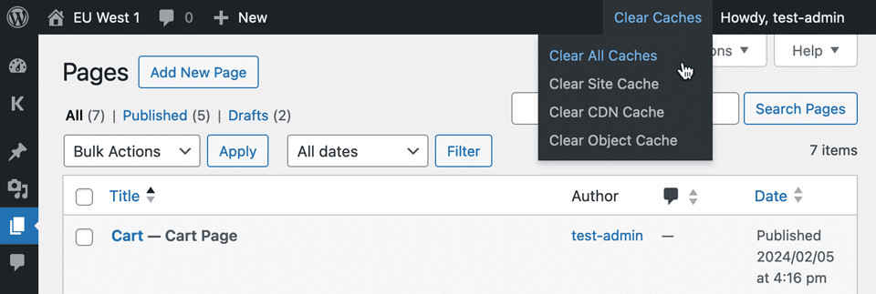 Screenshot of the Clear Cache menu in the WordPress toolbar.