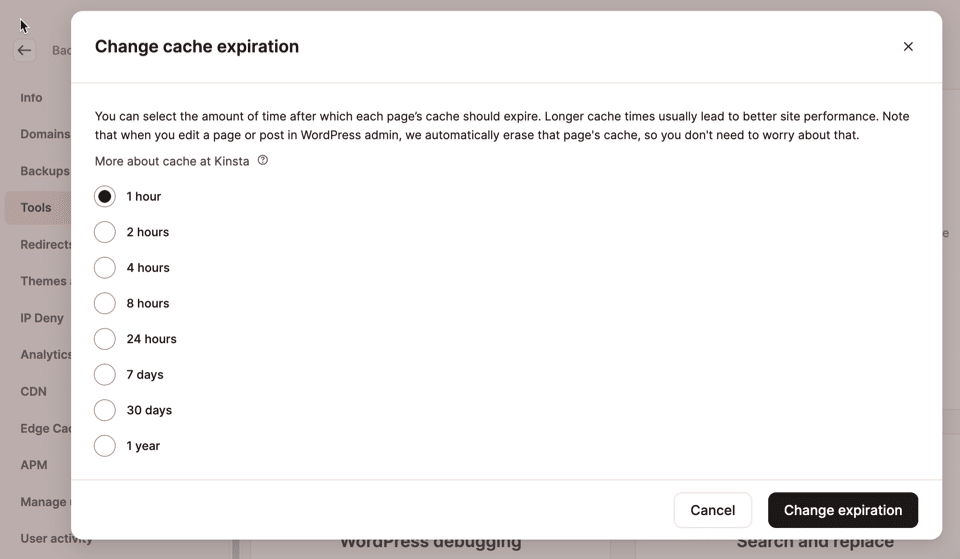Screenshot of the page cache expiration options in MyKinsta.