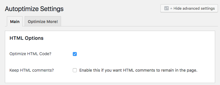 Autoptimize HTML optimization option in Autoptimize settings