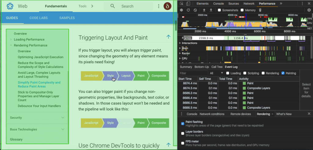 Chrome DevTools allow to identify the portions of the page that are being painted