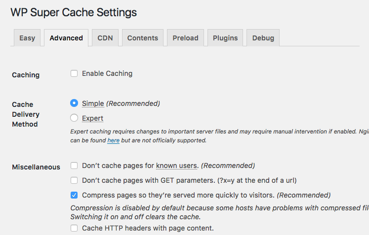 GZIP option in WP Super Cache