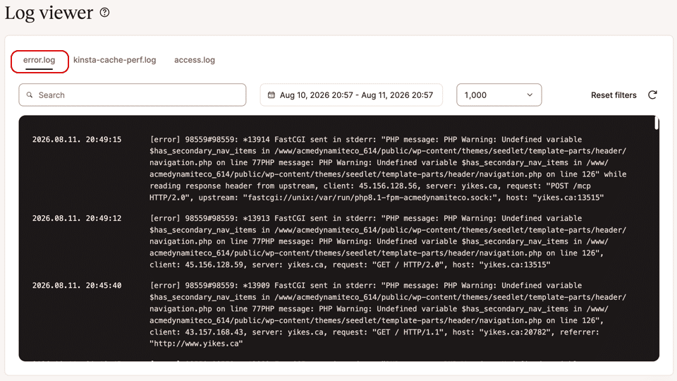 A screenshot of the error.log display in the MyKinsta dashboard.