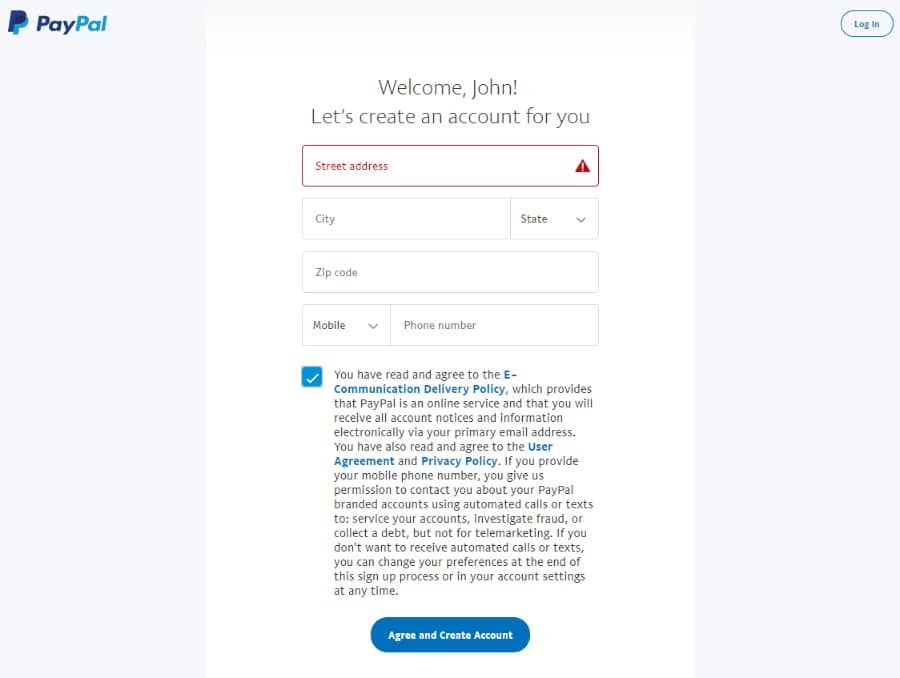 PayPal create account