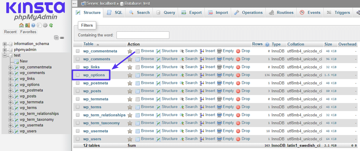 Where to find the options table