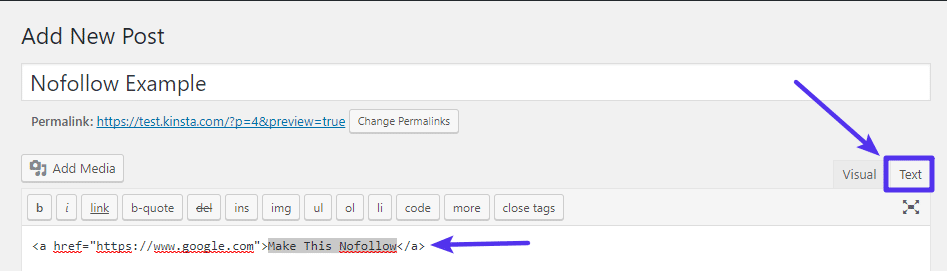 Open the text tab to view the link's HTML