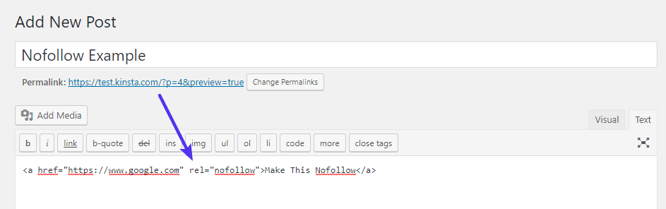 Add nofollow attribute to link's HTML