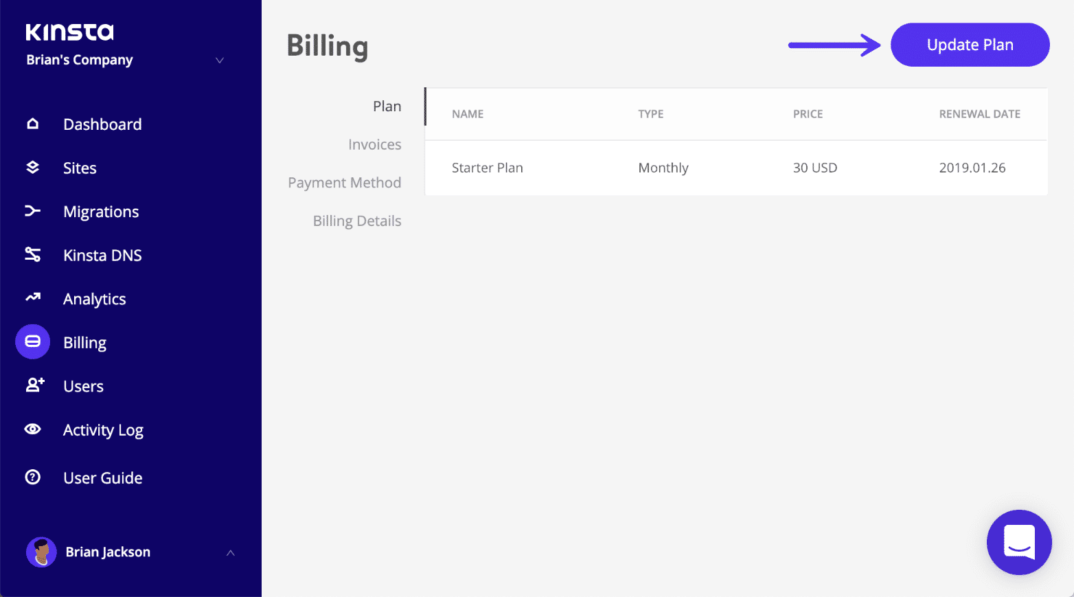 Kinsta billing - update plan