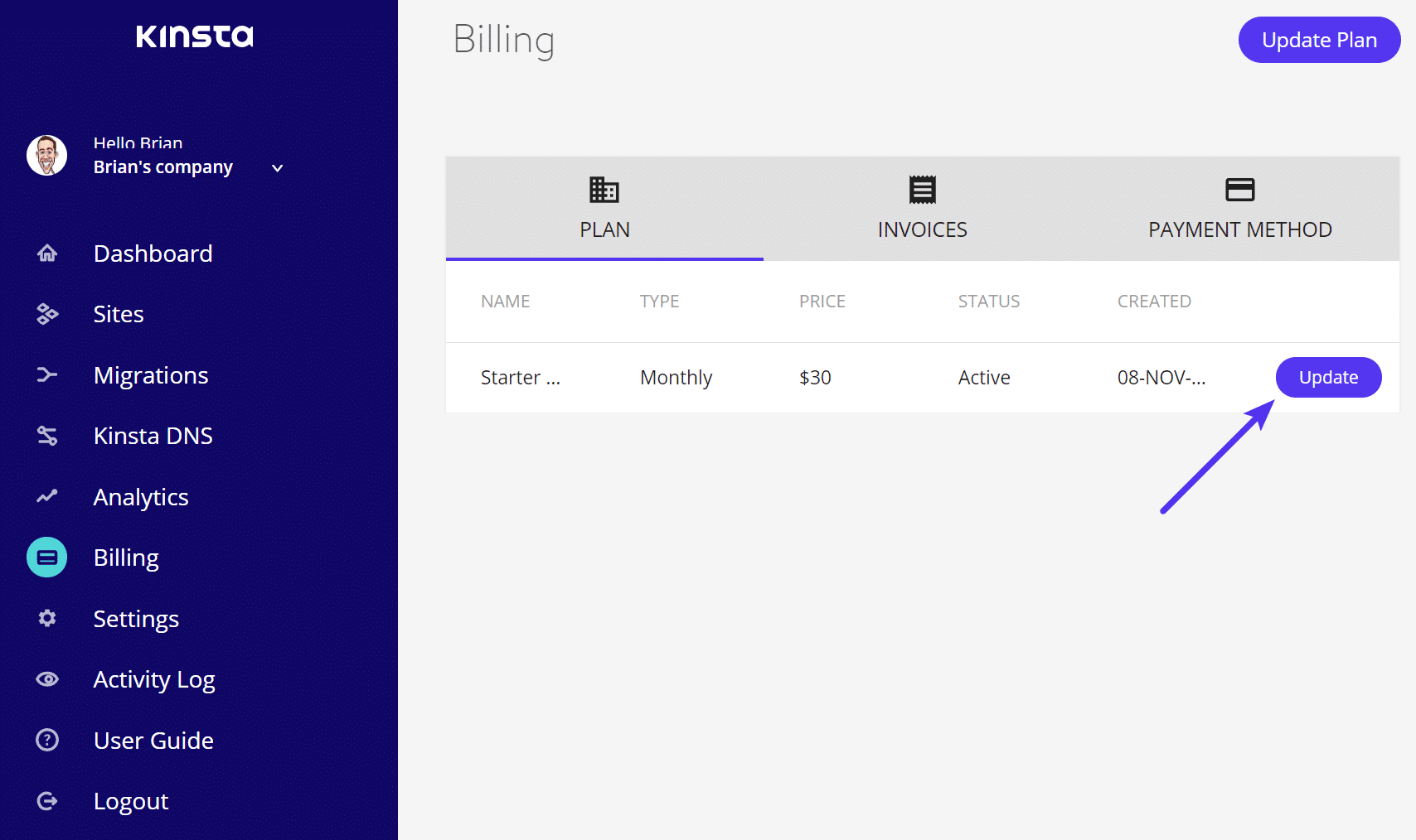 Kinsta billing - update plan