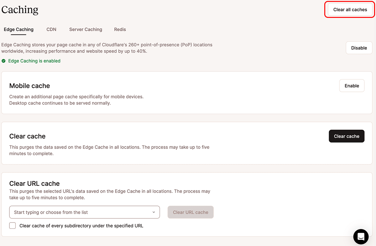 A screenshot of the Caching page in MyKinsta with the Clear All Caches button highlighted,