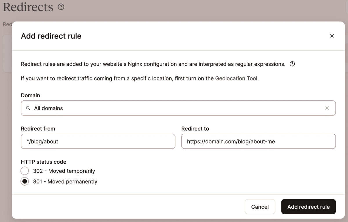A screenshot of the dialog for adding a redirect rule in MyKinsta.
