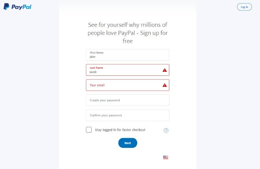 PayPal registreringsformulär