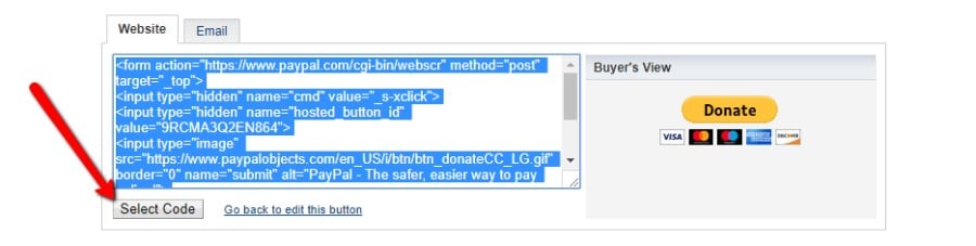 Copy PayPal donate button embed code