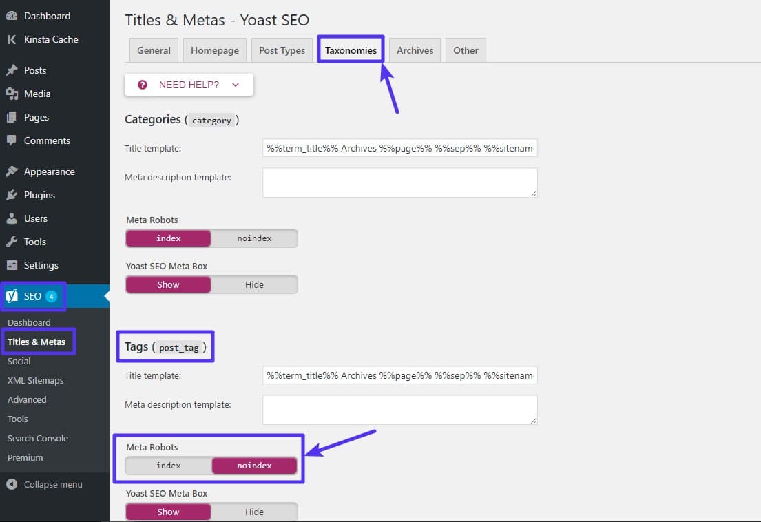 Adding the noindex tag to tag archive pages