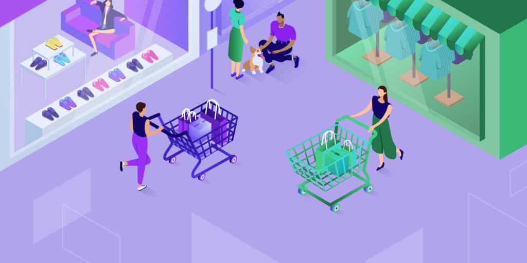 Illustration for WooCommerce vs Shopify showing people shopping with carts.