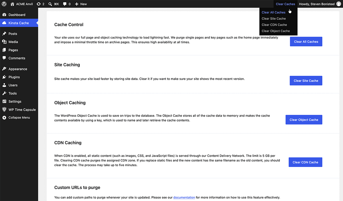 A screenshot of the WordPress Admin dashboard showing various options for clearing caches.