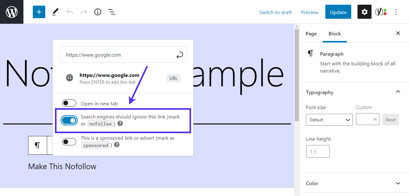 Selecting the nofollow option in Gutenberg's link modal.