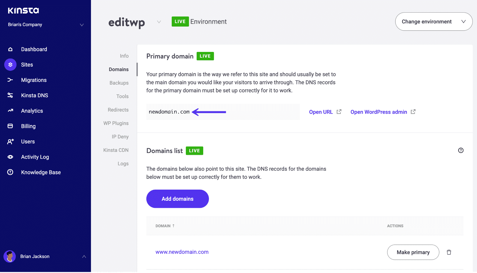 Kinsta primary domain