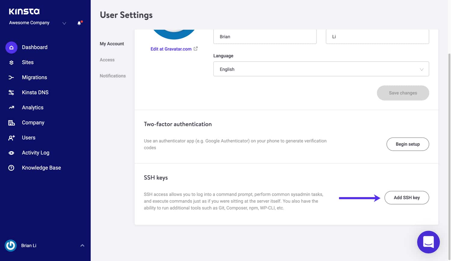 Add SSH key in MyKinsta.