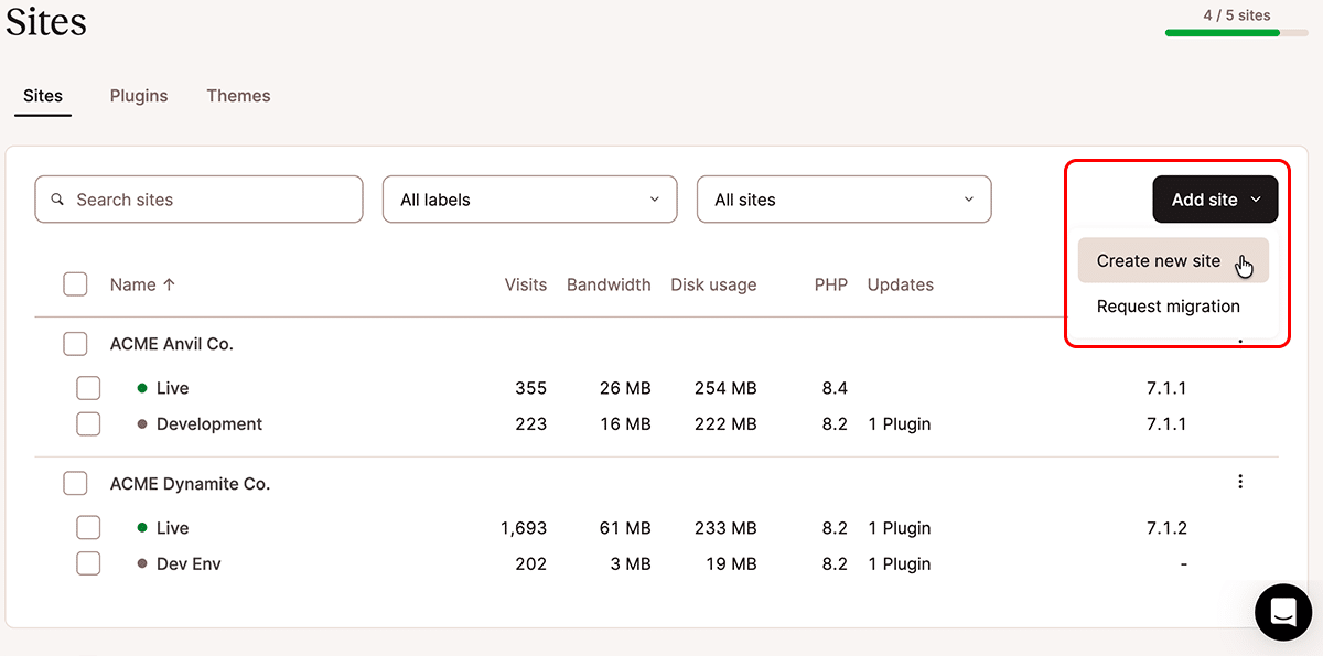 A screenshot of the Sites page in MyKinsta with the Add Site dropdown menu activated.