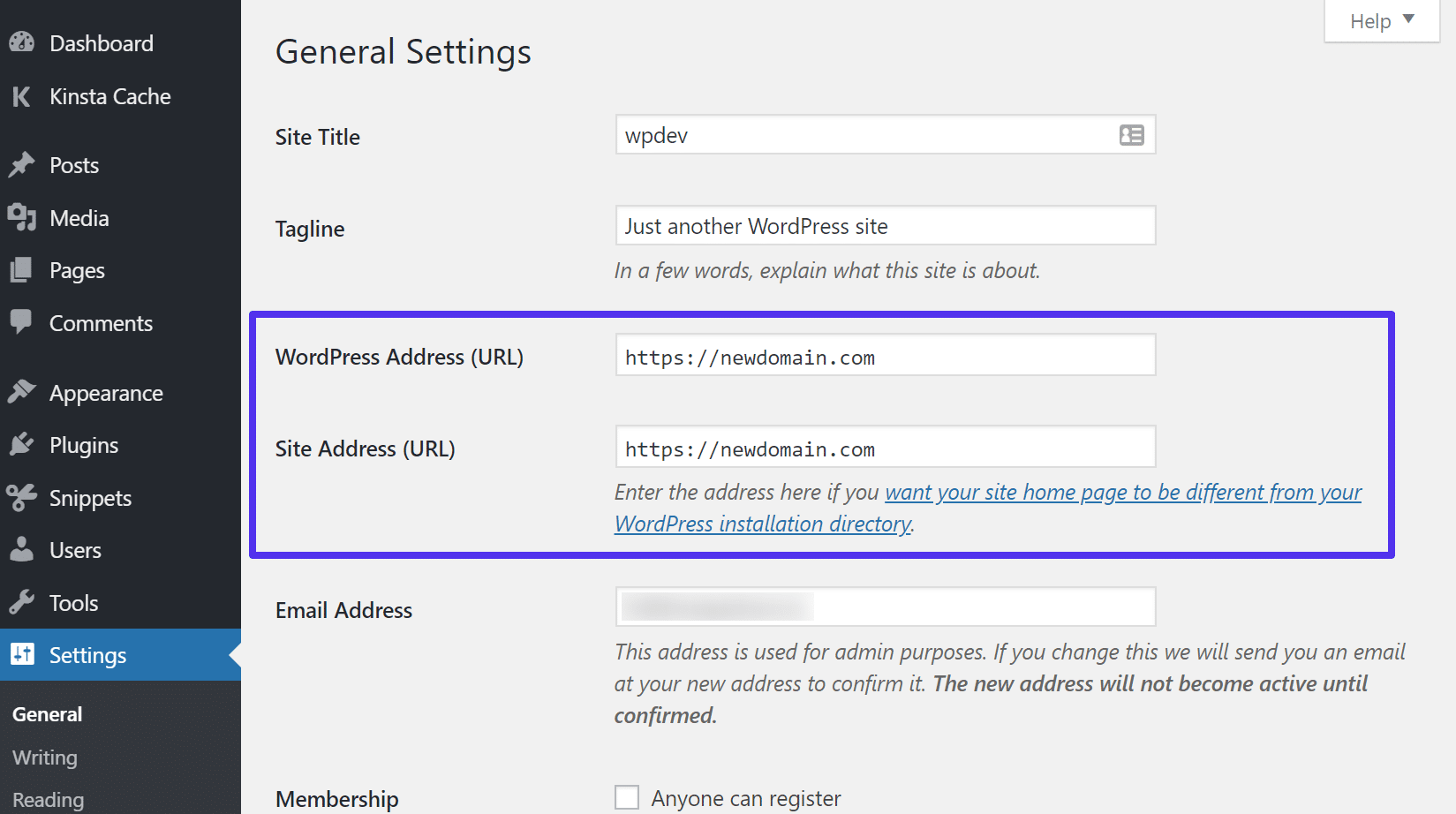 Update WordPress address and site URL