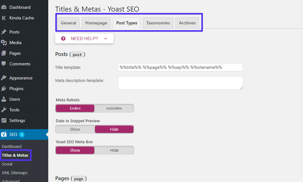 Yoast SEO標題和Metas區域