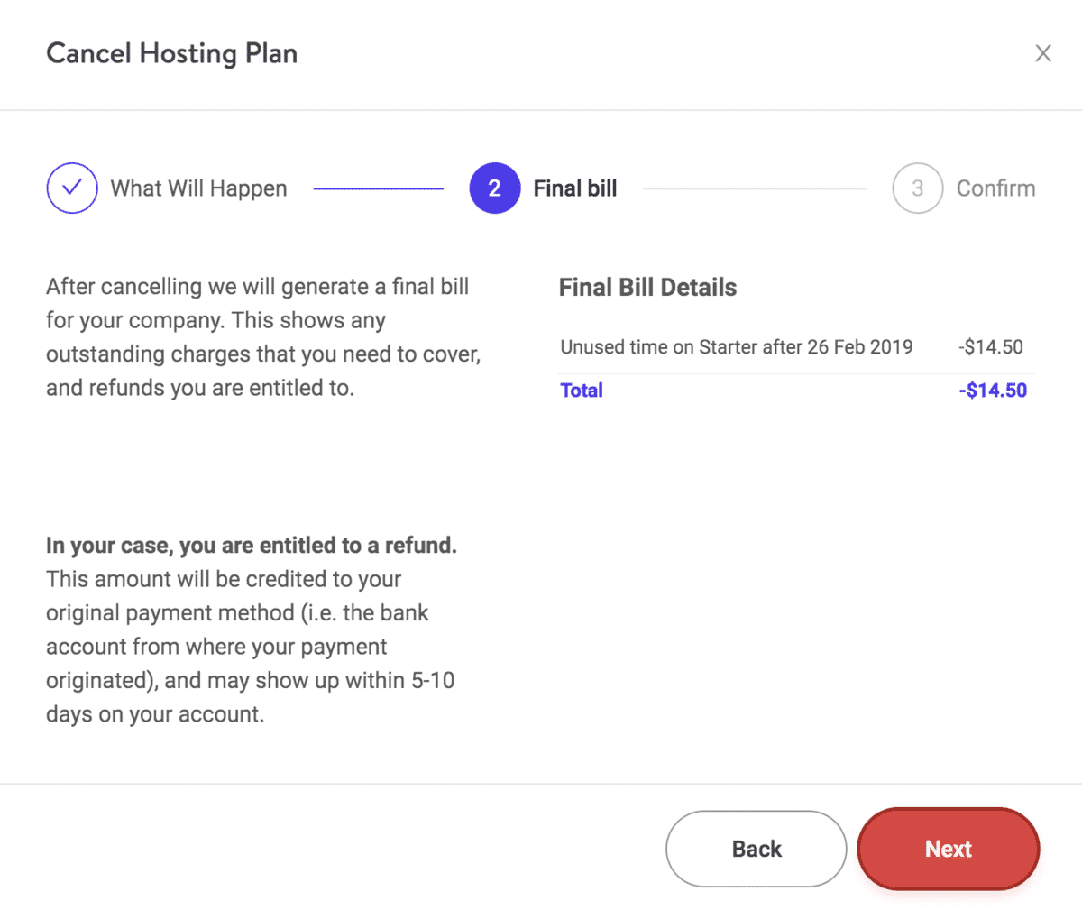 Final bill details when canceling Kinsta plan Final bill details when canceling Kinsta plan.