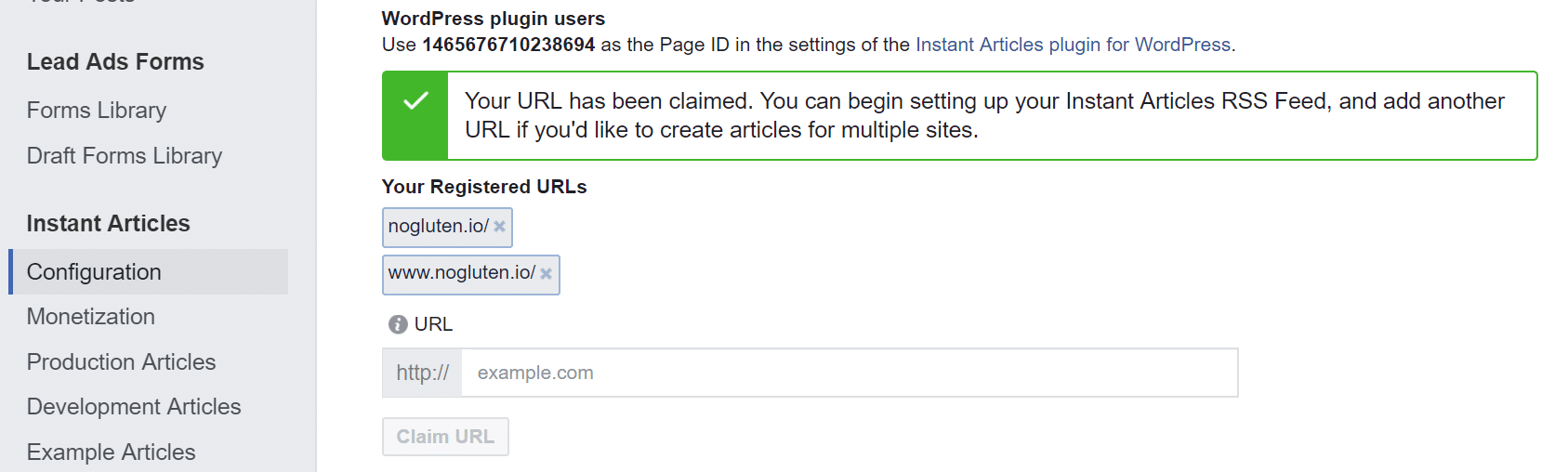 Claimed Facebook Instant Articles URL