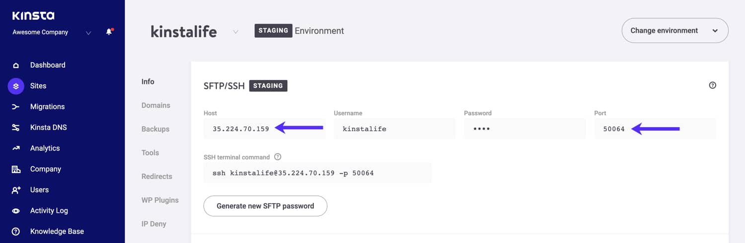 Detalhes do host SFTP e da porta para o seu ambiente de teste.