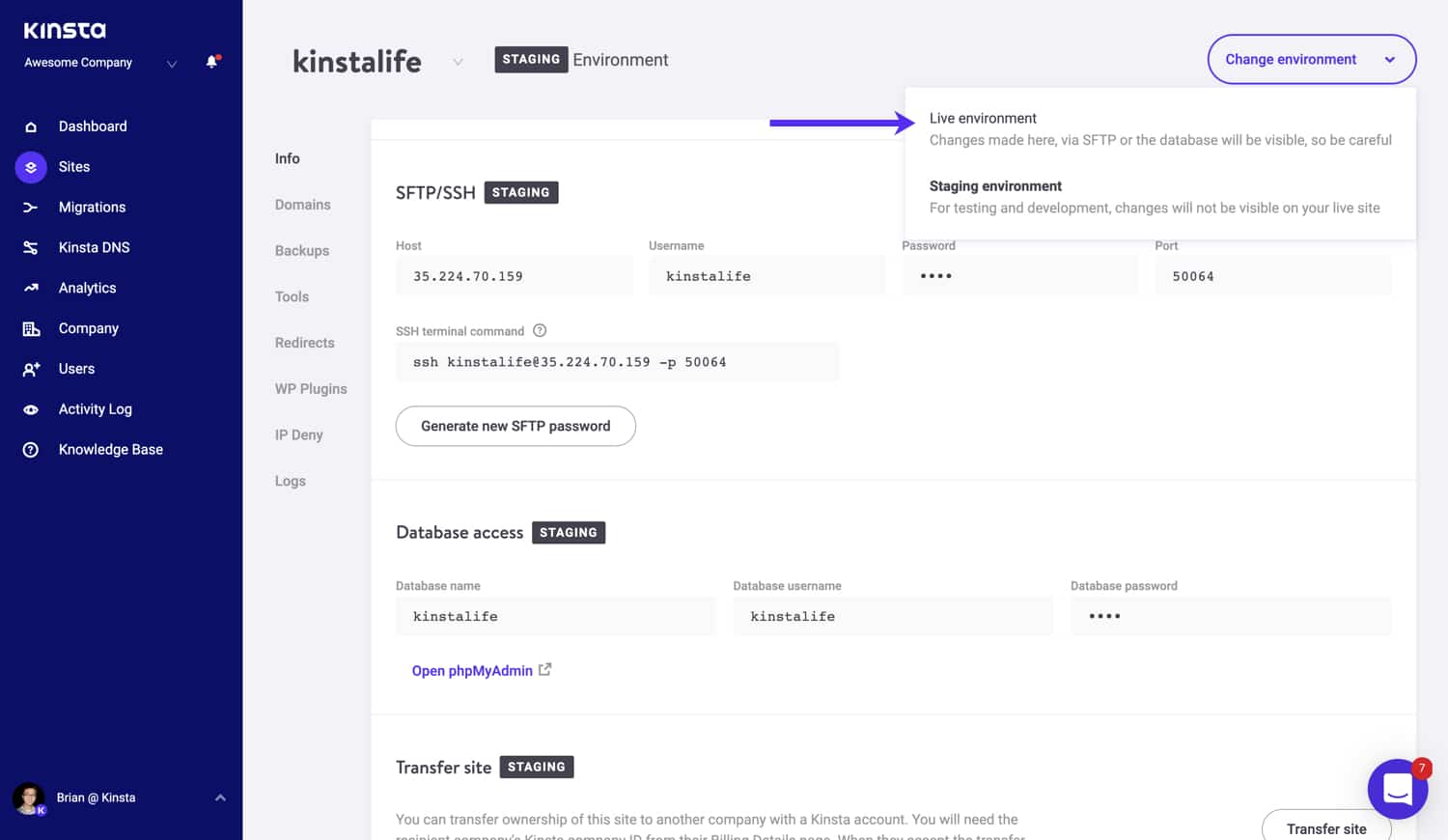 Mude para seu ambiente de produção (ao vivo) no MyKinsta.