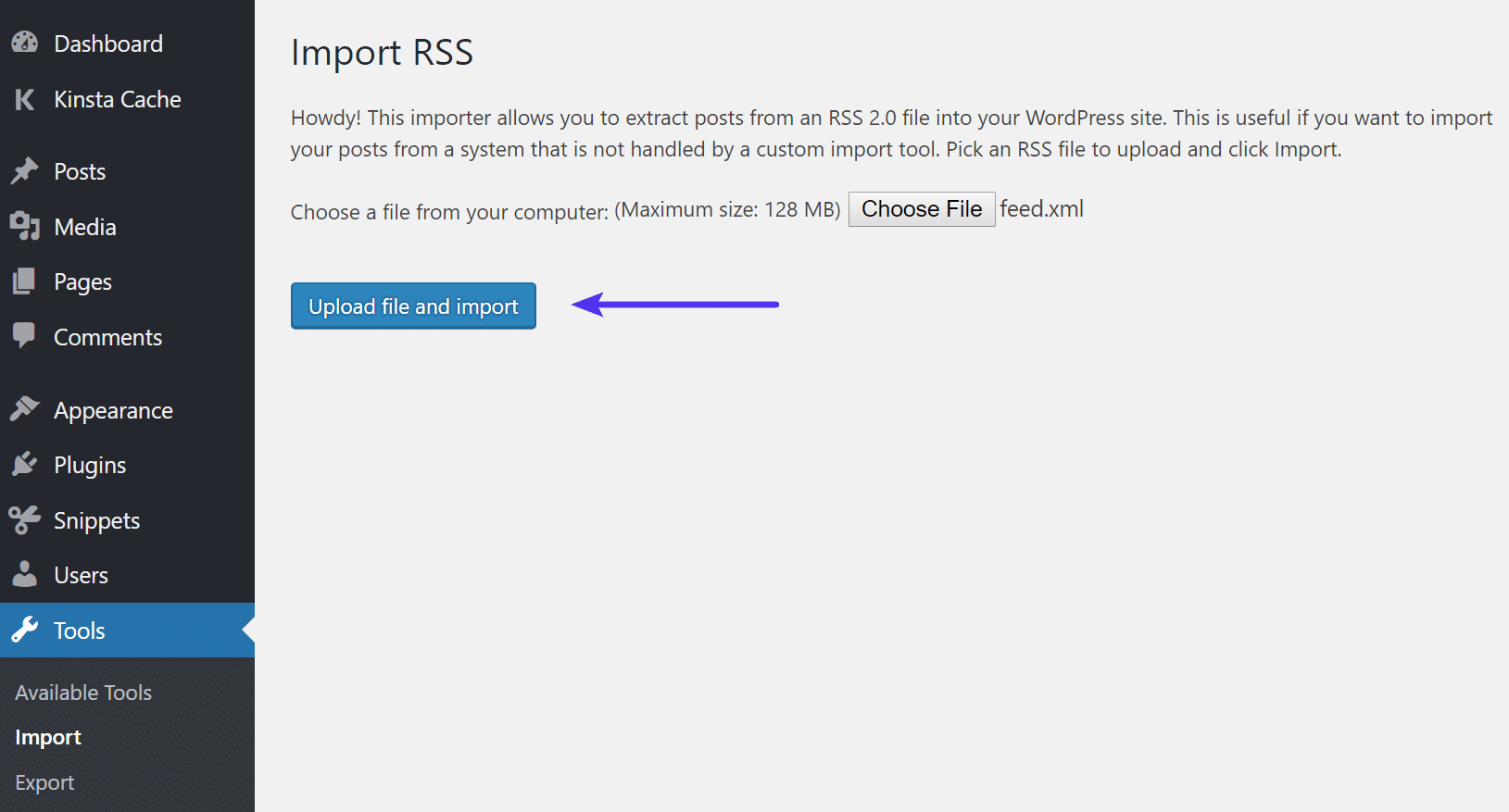 Ladda upp och importera filen för Wix RSS-feed.