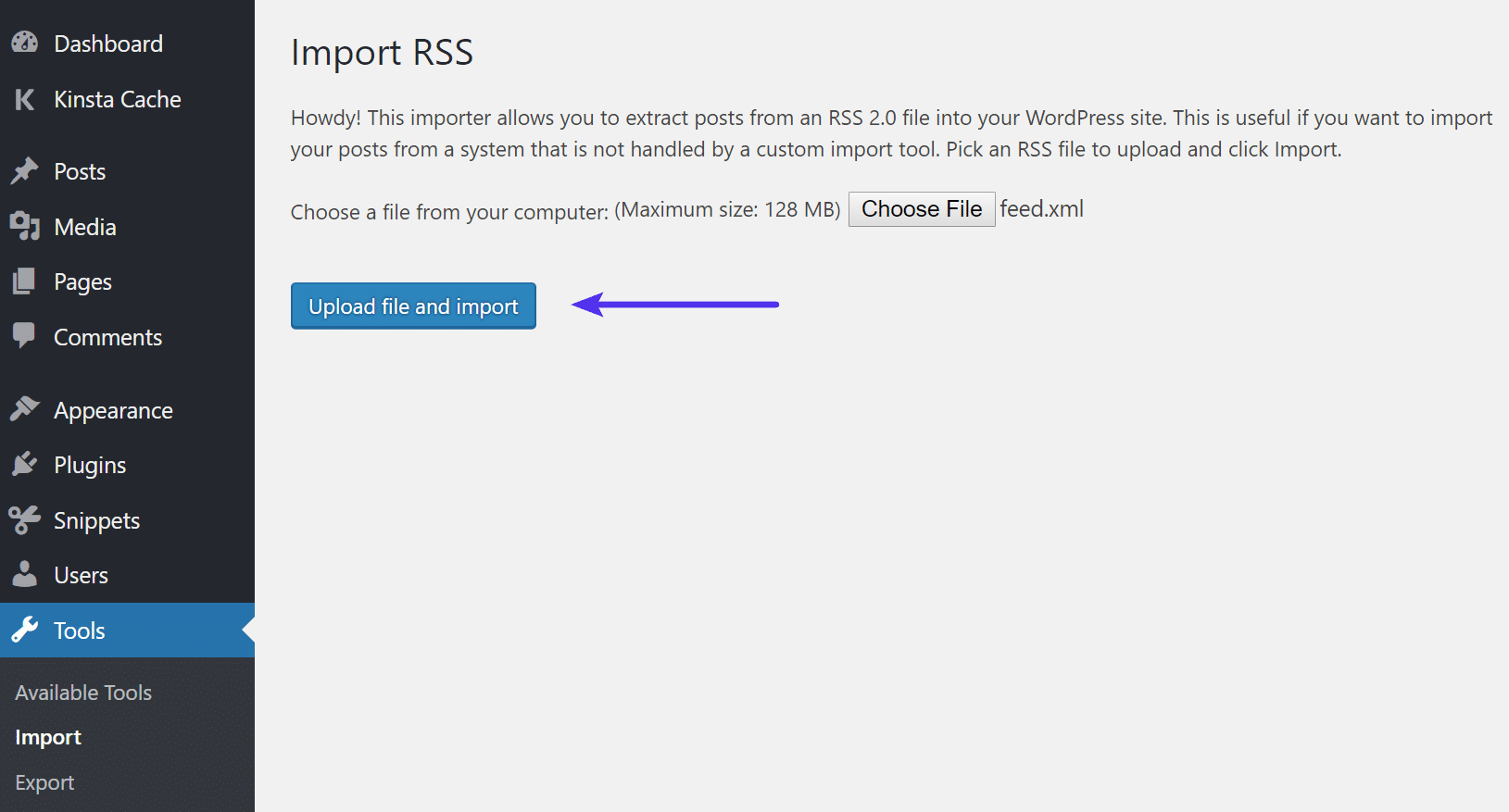 Using the WordPress dashboard to upload and import the Wix RSS feed file.