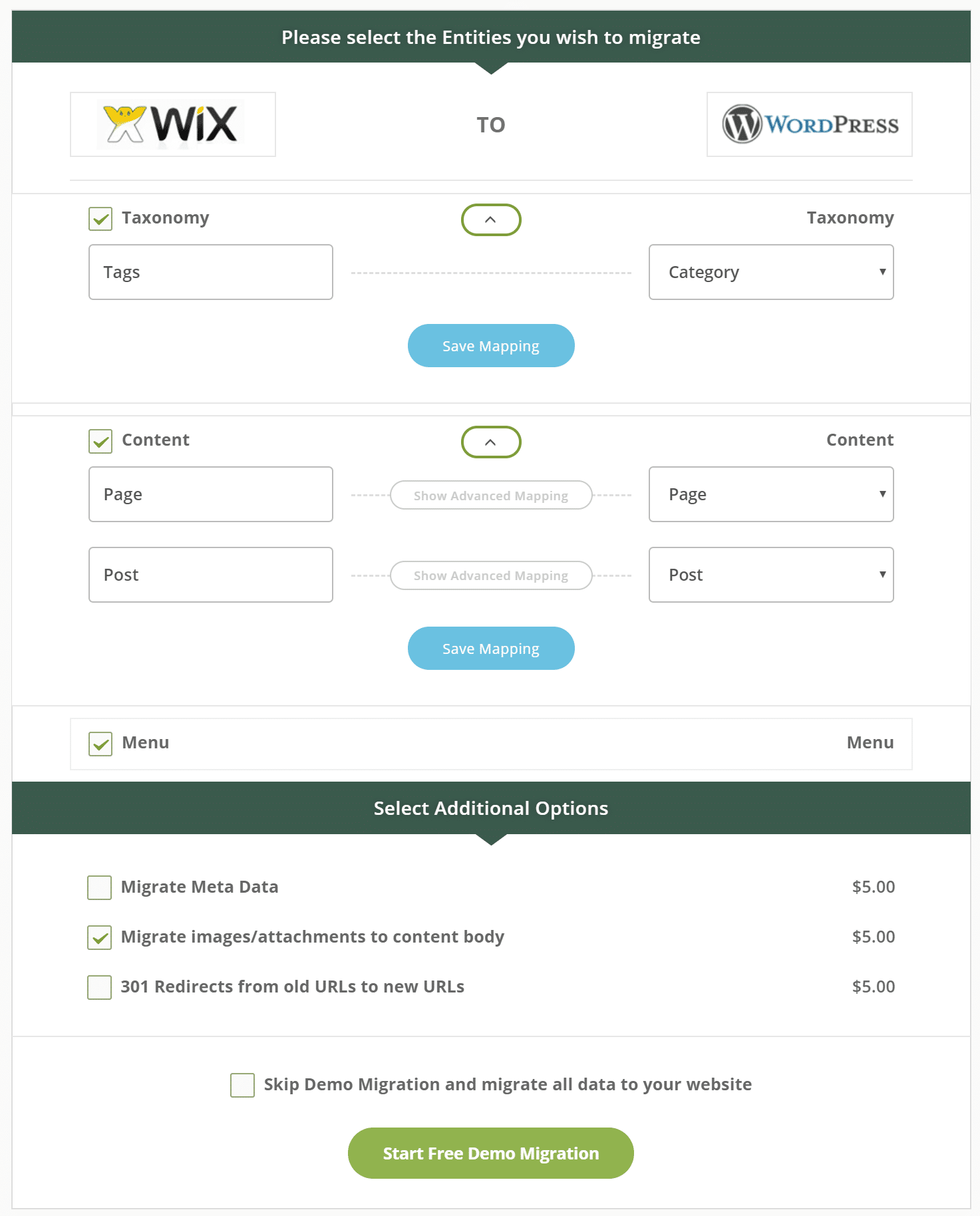 Wix to WordPress migration entities