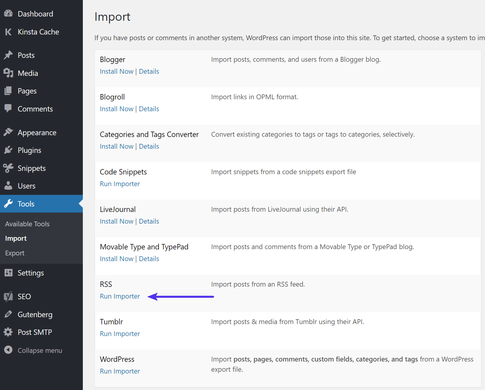 Klicka på länken WordPress RSS "Kör importör".