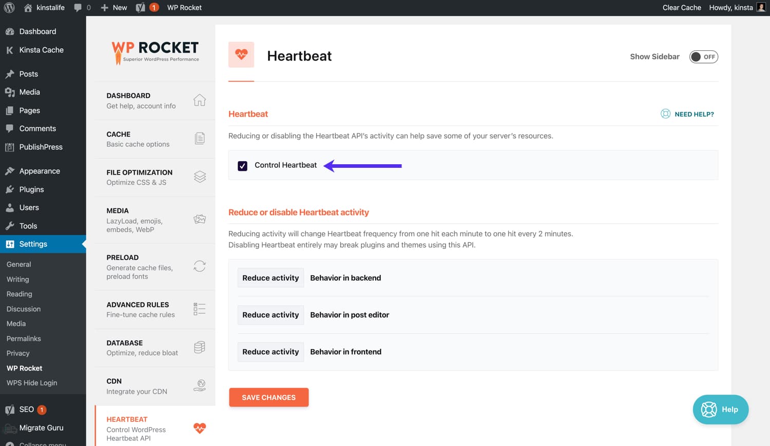 Mude as configurações do WordPress Heartbeat no WP Rocket.