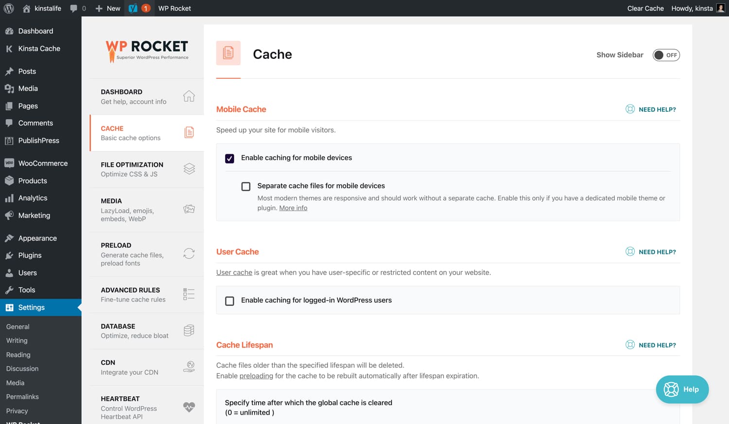 WP Rocket page cache settings.