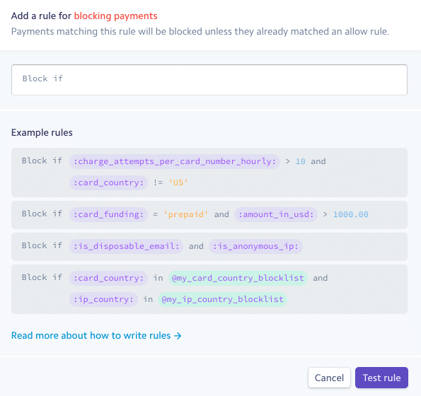 Stripe Radar - add rule for blocking payments