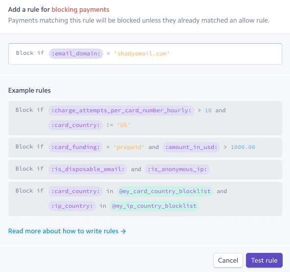 Block email addresses in Stripe Radar