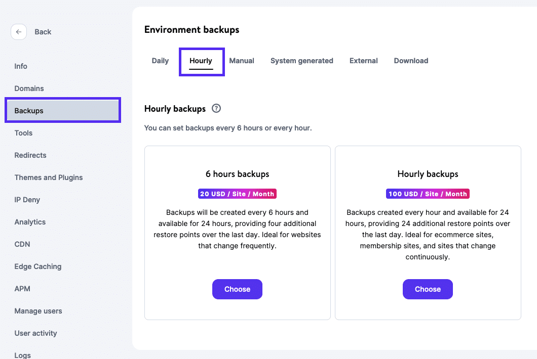 Opzioni di backup a 6 ore e orario in MyKinsta