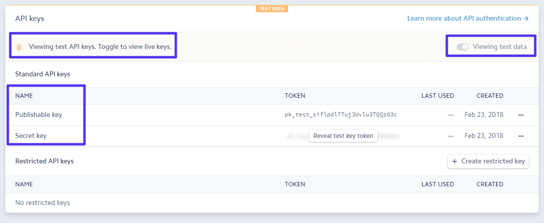 Viewing Stripe API keys