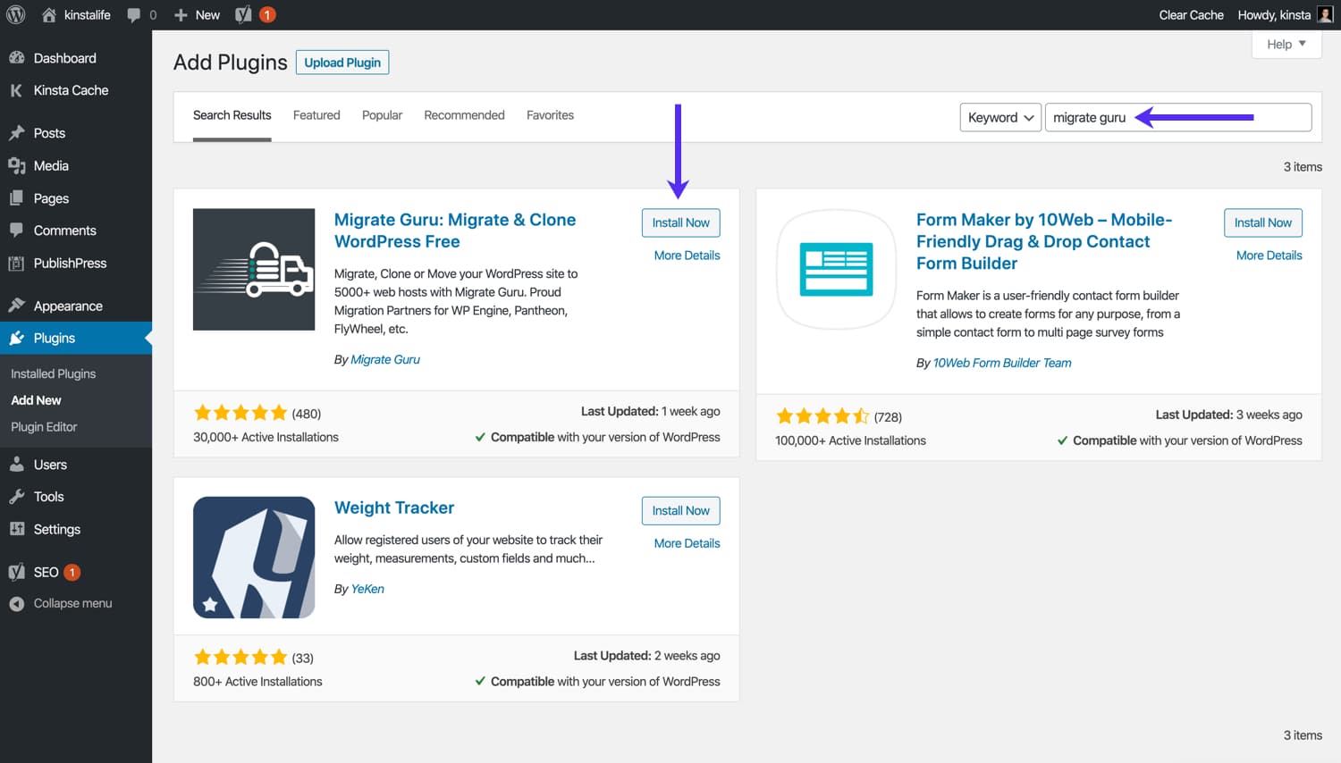 Once you've located Migrate Guru go ahead and install the plugin.