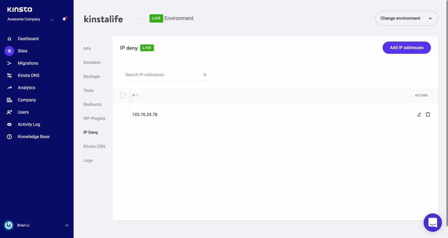 Bloker IP'er med værktøjet IP Deny i MyKinsta.