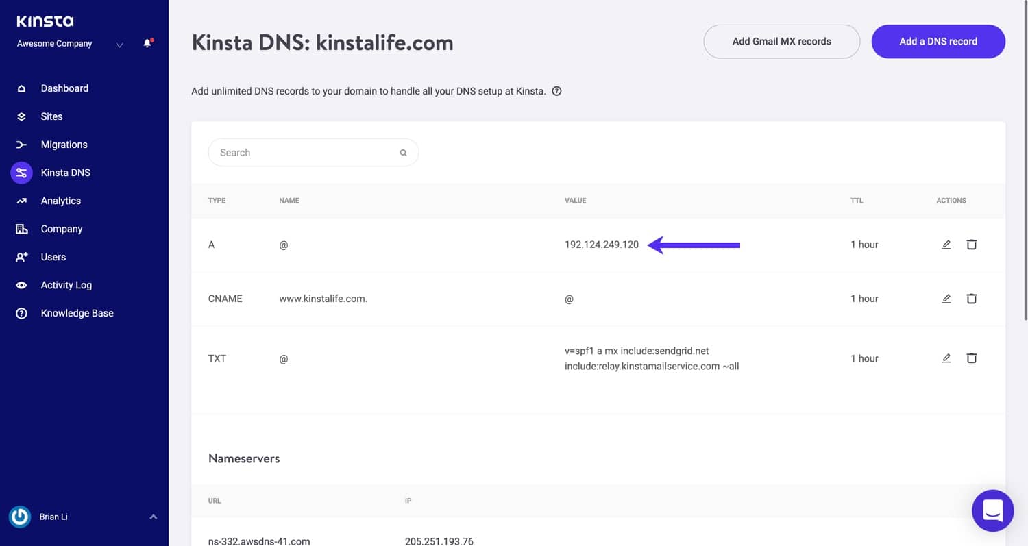 Sucuri firewall IP i Kinsta DNS.