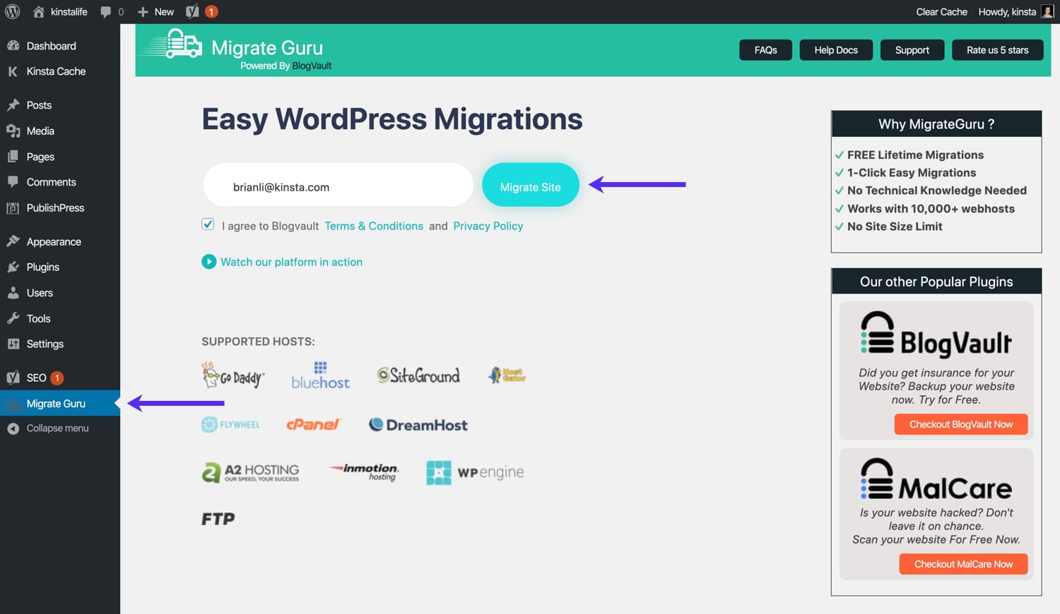 Entrez votre adresse email et commencez la migration dans Migrate Guru.