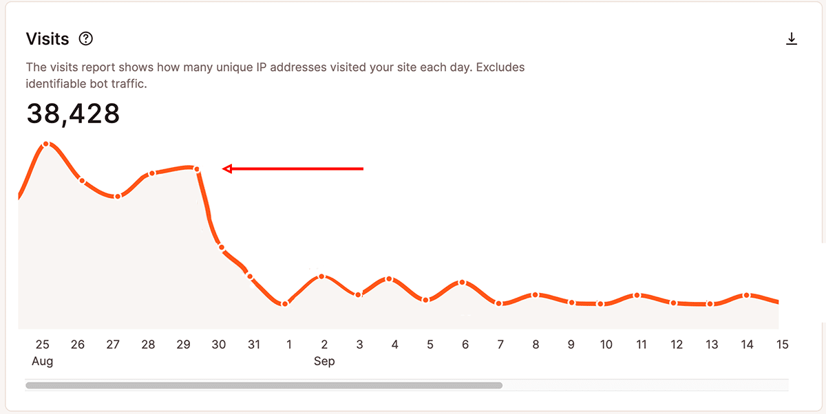 Screenshot showing the visit count in MyKinsta Analytics after a firewall is configured.