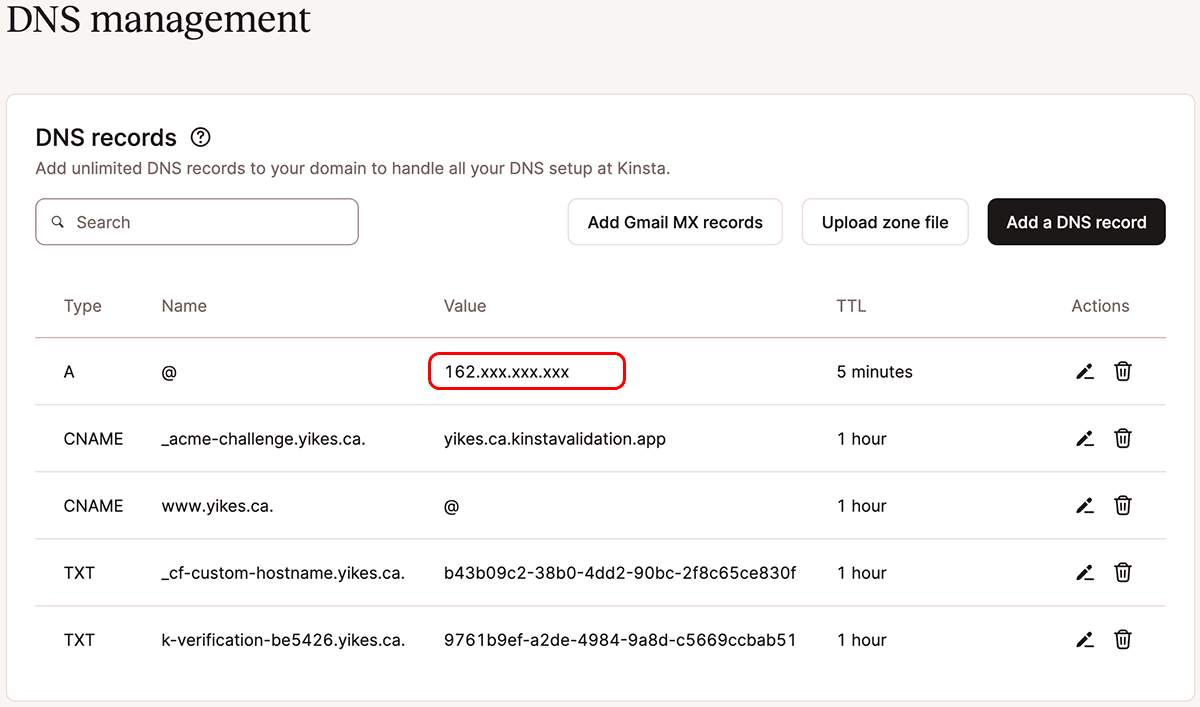 Uno screenshot della pagina di gestione del DNS in MyKinsta.