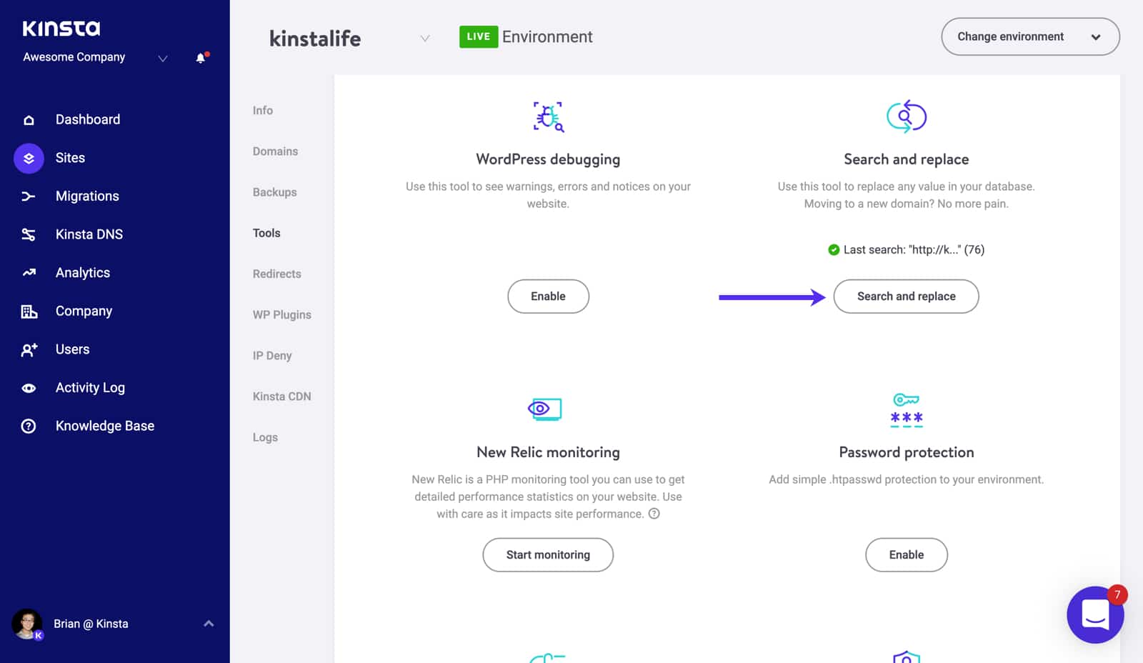 Perform a search and replace in MyKinsta.