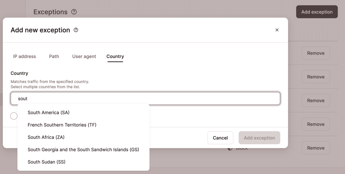 Uno screenshot della finestra di dialogo Aggiungi eccezione in Protezione bot Kinsta.