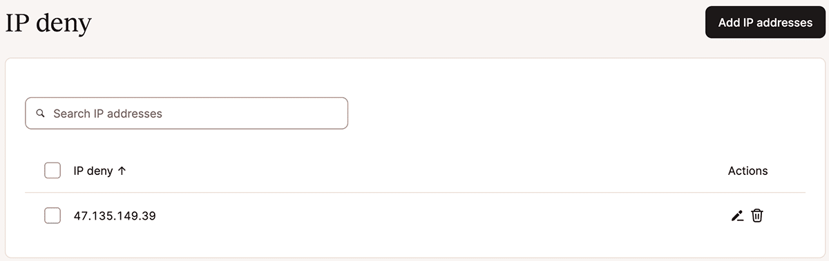 Uno screenshot che mostra l'elenco degli indirizzi oscurati dello strumento Blocco IP.