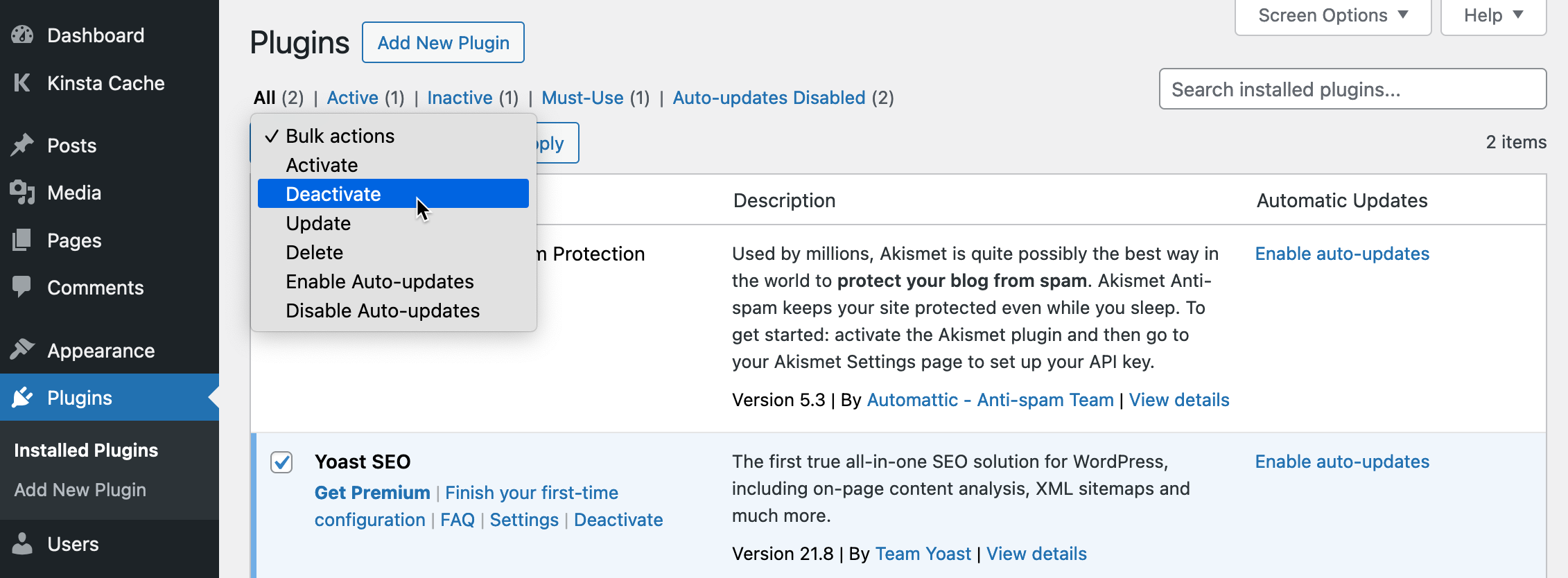 Screenshot of the WordPress plugins page and the Bulk Actions drop-down menu,