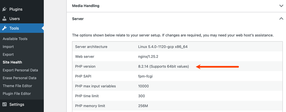 Screenshot displaying the PHP version in the WordPress site health tool.